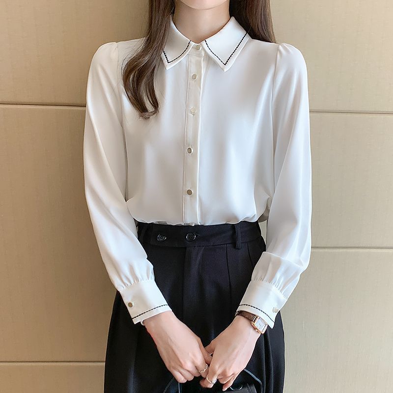 Haut de sous-vêtement en mousseline blanche à manches longues pour femmes – Chemise formelle printemps et automne