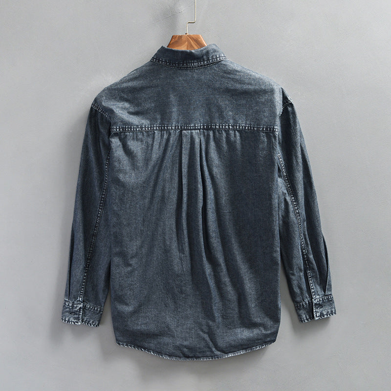 Men's Vintage Wash Denim Shirt - Solid Blue & Black, Cotton, Loose Fit, Sizes M-XXXXL