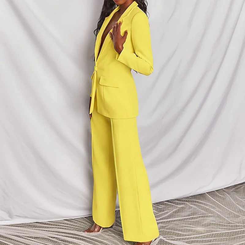 Ensemble blazer décontracté à revers et boutons et pantalon droit pour femme (2 pièces)