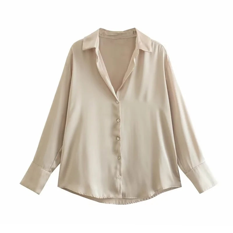 All-match Silk Satin Texture Draping Long-sleeved Shirt For Women