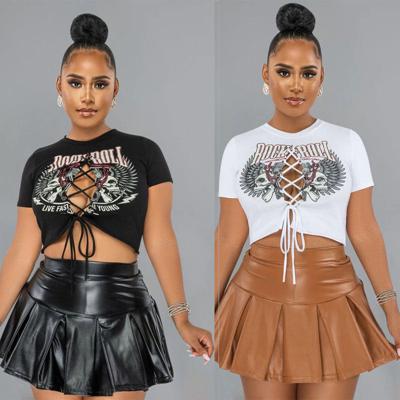 Women’s Short Sleeve Printed Mini Skirt Suit Set Polyester