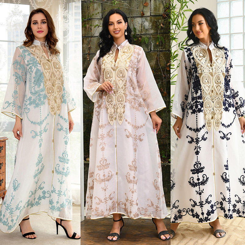 Arabian Women's Casual Embroidered Dress in White, Blue & Apricot
