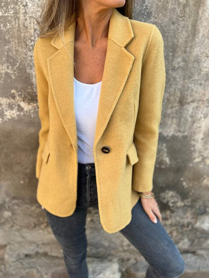 Women's Short Button Lapel Woolen Blazer Winter Commuter Jacket