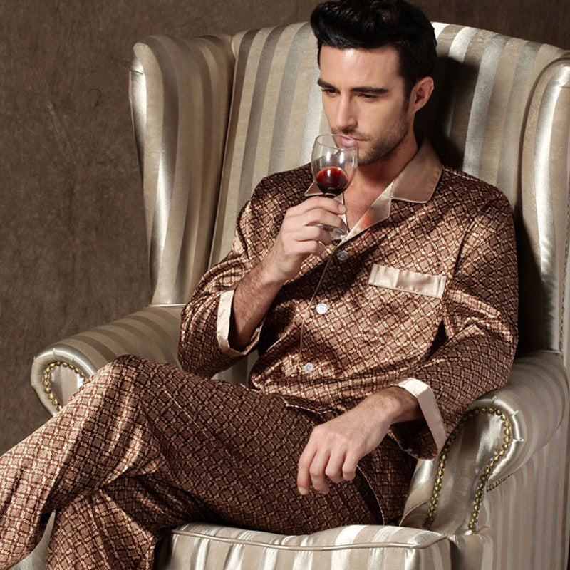 Men's Plus Size Long Sleeve Imitation Silk Pajamas Set