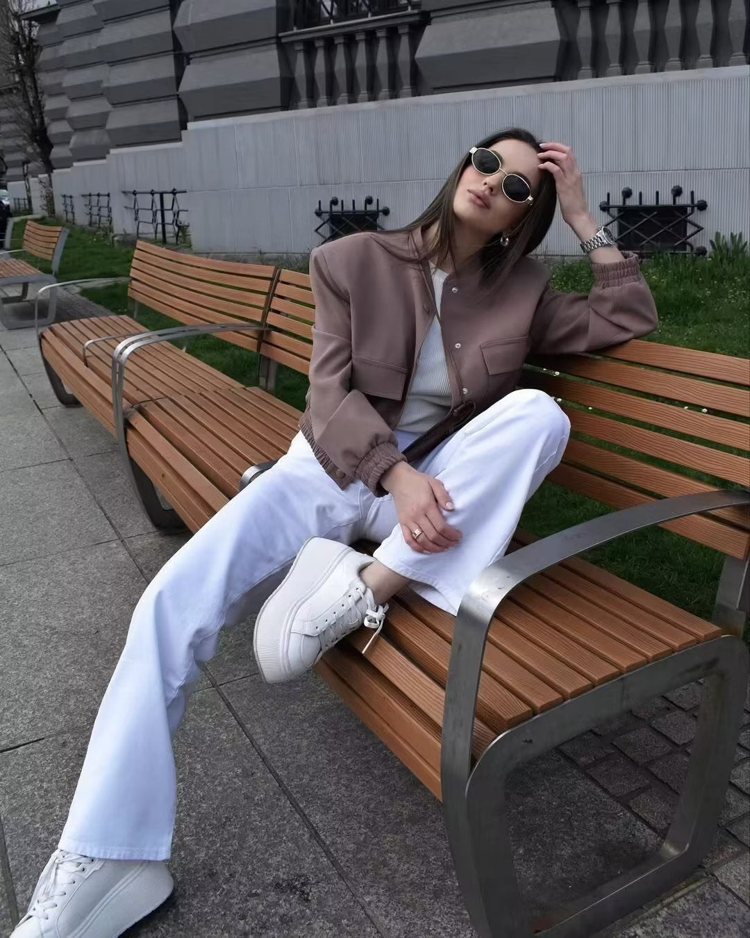 European American Summer New Large Pocket Flight Jacket A- Line Skirt