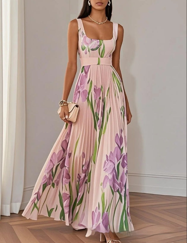 Robe sans manches plissée imprimée taille haute