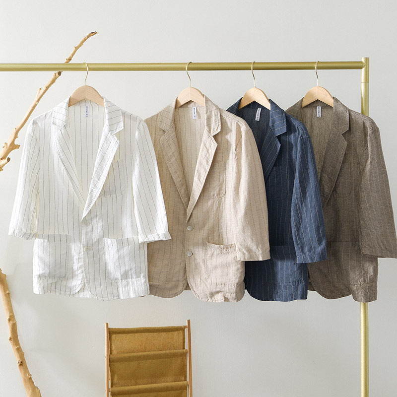 34 Sleeve Suit Jacket Men's Cotton And Linen Stripes Suit Jacket