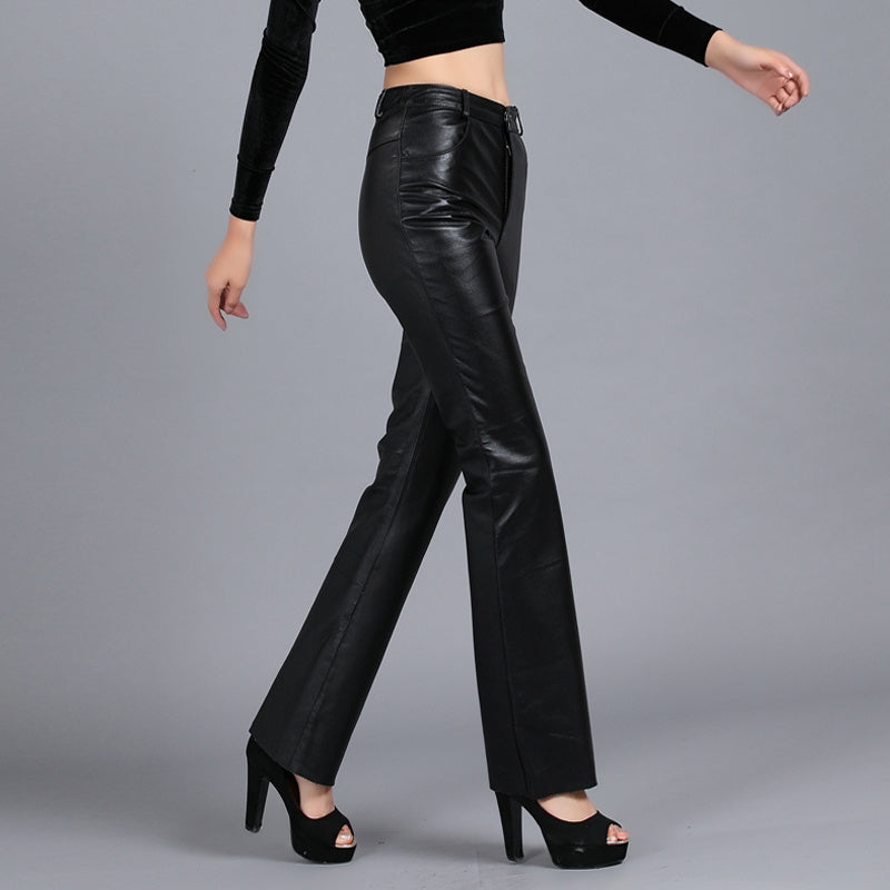Women's Black Sheepskin Bootcut Leather Pants Natural Waist