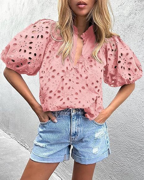 Women's Lantern Sleeve V-Neck Buttoned Hollow Lace Embroidered Shirt