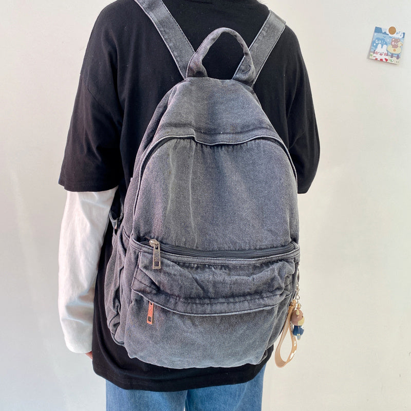 Minimalist Washed Denim Canvas Shoulder Bag - Blue & Grey, 38x34x12CM