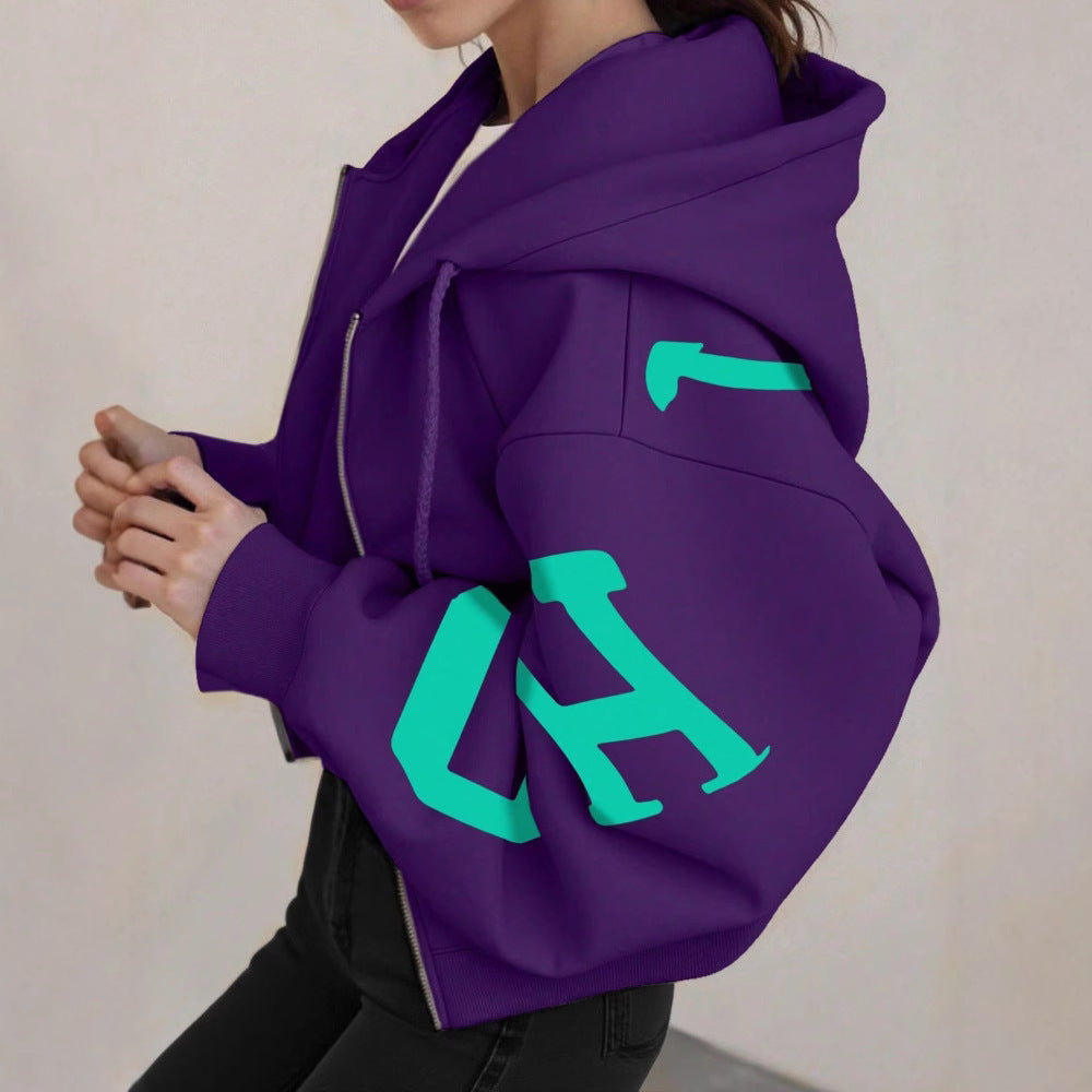 Sweat-shirt décontracté zippé à manches longues pour femme avec motif imprimé