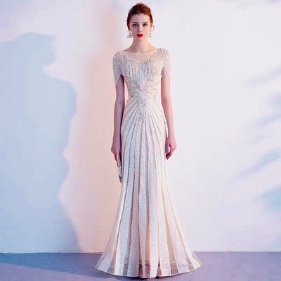 Robe de soirée de mariée sirène bordeaux à manches longues