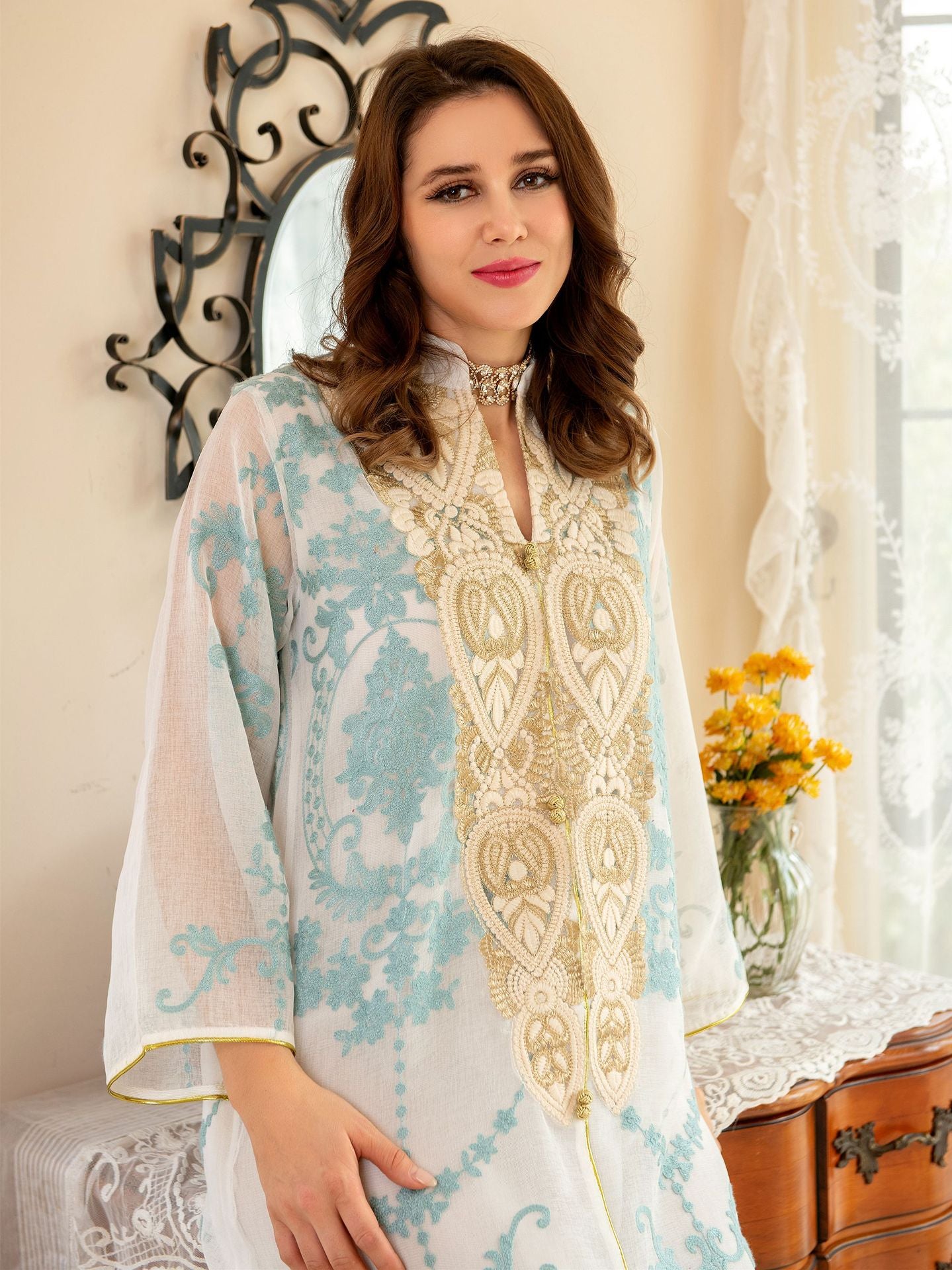 Arabian Women's Casual Embroidered Dress in White, Blue & Apricot