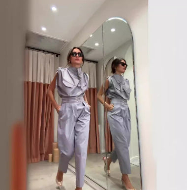 Shoulder and Waist Slimming Blouse with Belt and Pants Set