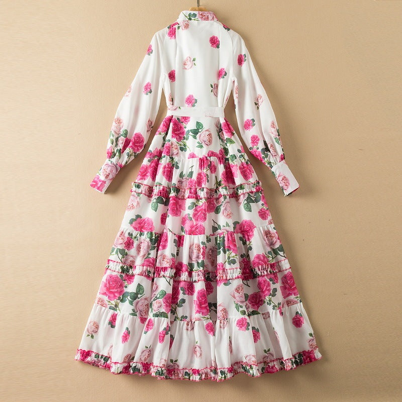 Stand Collar Long Sleeve Floral Lace-Up Cotton Blend Dress