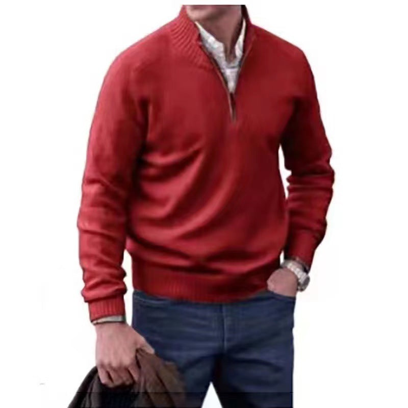 Pull homme à col montant zippé, en maille, style décontracté, couleur unie.
