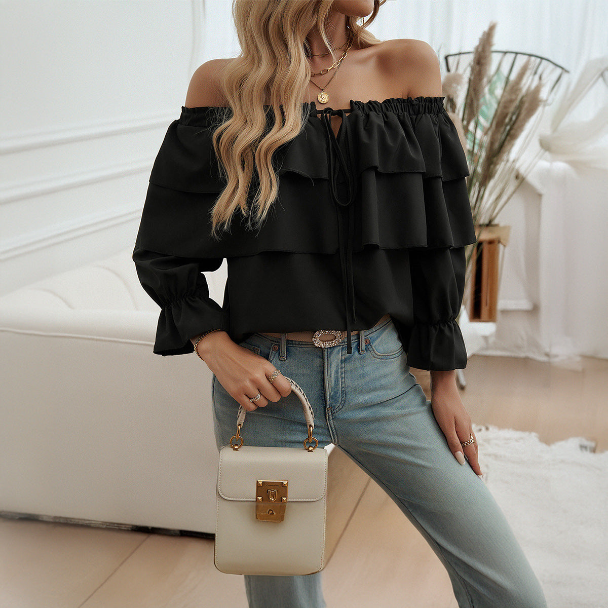 Off-Shoulder Bishop Sleeve Top in Light Blue, Black & White, Sizes S-XL