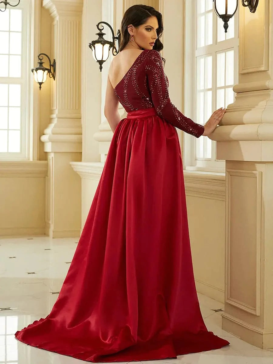 Women's Red Sequined Mid-Waist A-Line Banquet Dress