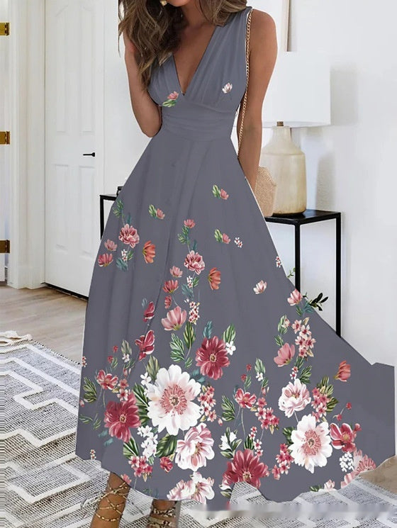 Spring Summer V-Neck Sleeveless Waist-Controlled A-Line Dress
