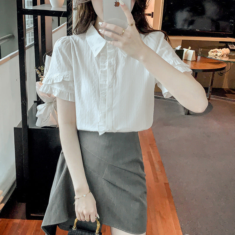 Sweet Design White Cotton Blend Ruffled Short Sleeve Shirt for Women