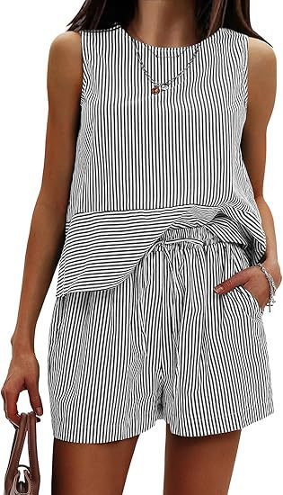 Vertical Striped Waist Round Neck Sleeveless Suit
