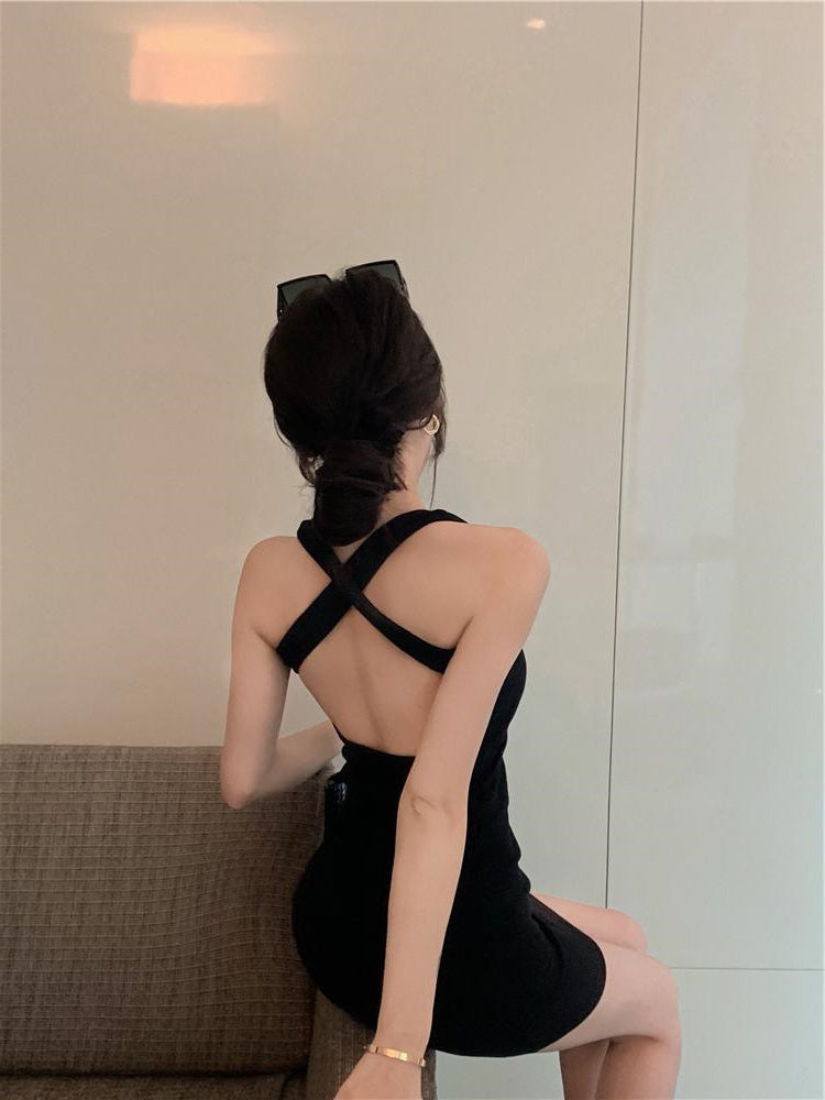 Cross Backless Halter Vest Skirt