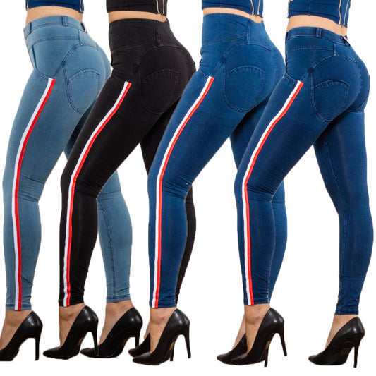 Shascullfites Melody Women's Black Stretch Pencil Jeans Butt Lift Striped Detailing Slim Fit Denim Jeggings