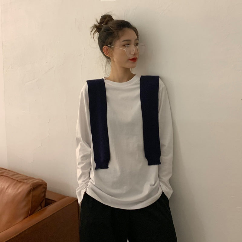 Women's White Long-Sleeve Solid Color Milk Silk T-Shirt