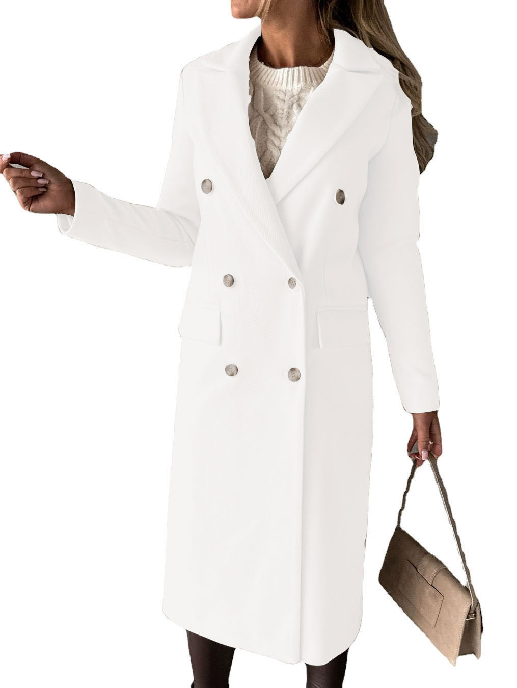 Manteau long d'hiver ajusté à revers double boutonnage pour femme