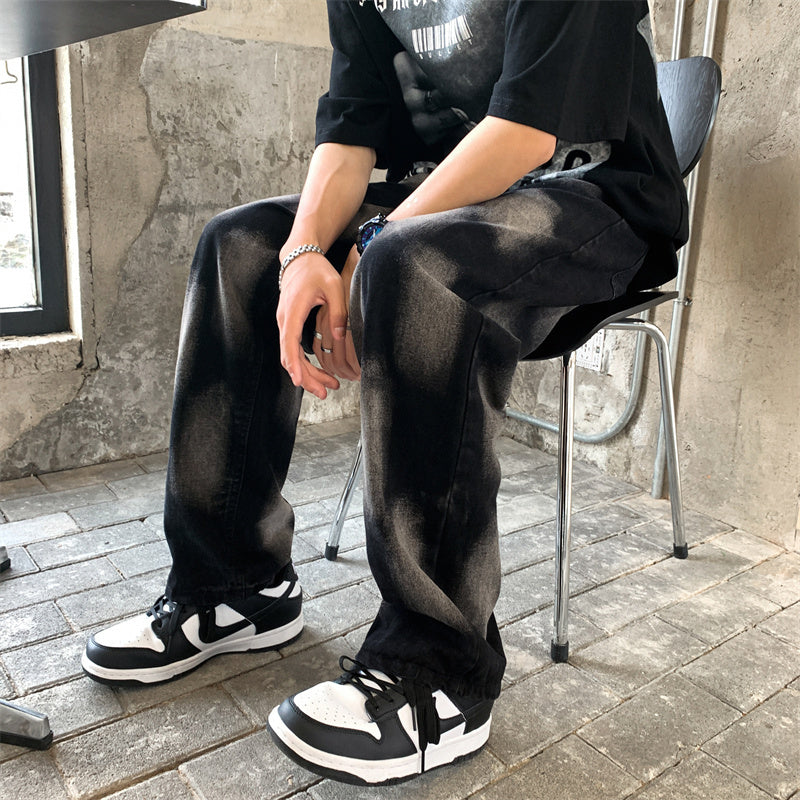 Jean droit noir en coton délavé Tie-Dye Hip-Hop pour hommes et femmes