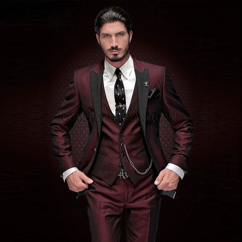 Men's Wine Red Slim Fit Three-Piece Wedding Suit