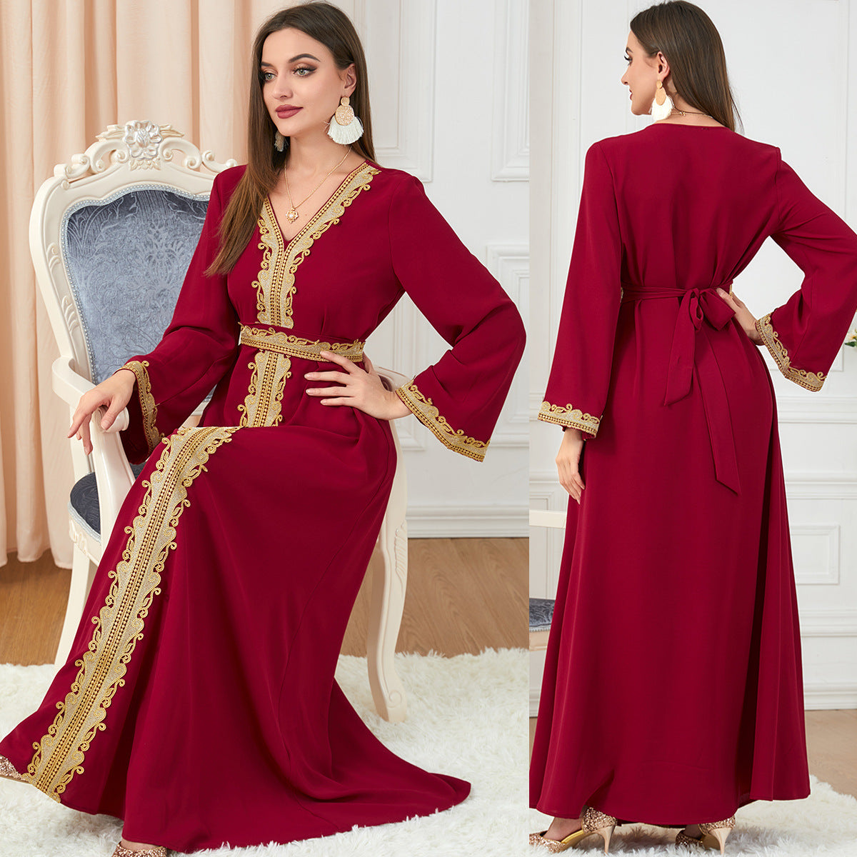Arabian Women's Temperament Fashion Solid Color Stitching Embroidery Long-sleeved Dress