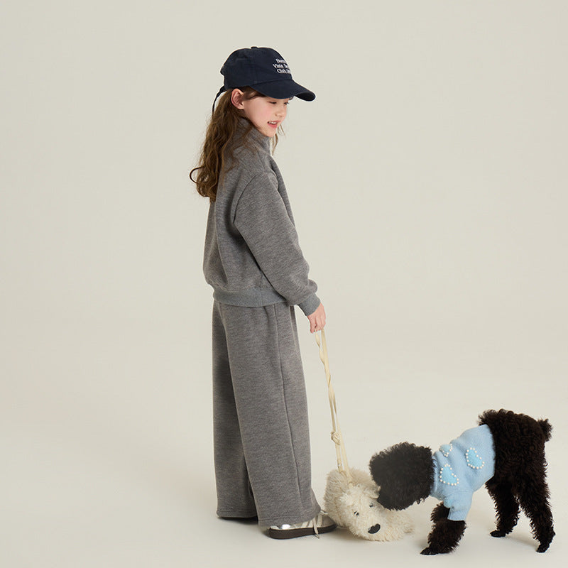 Children's Fleece-Lined Stand Collar Sweater & Straight-Leg Pants Set