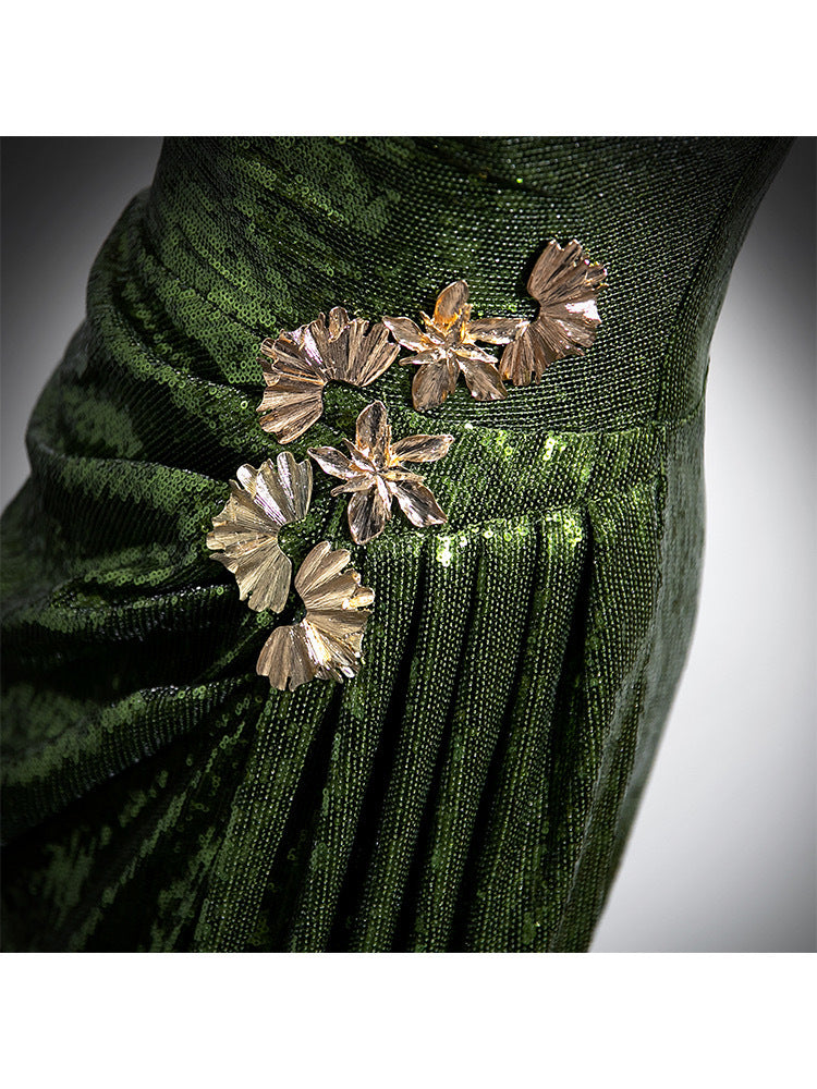French Evening Women's Dark Green High Waist Slim Bridal Dress
