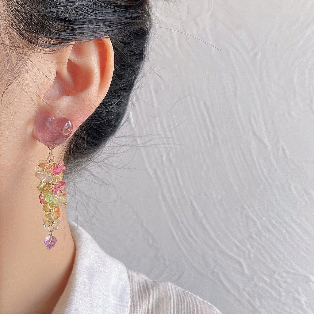 Handmade Sweet Glass Crystal Silver Pin Mixed Color Long Tassel Earrings