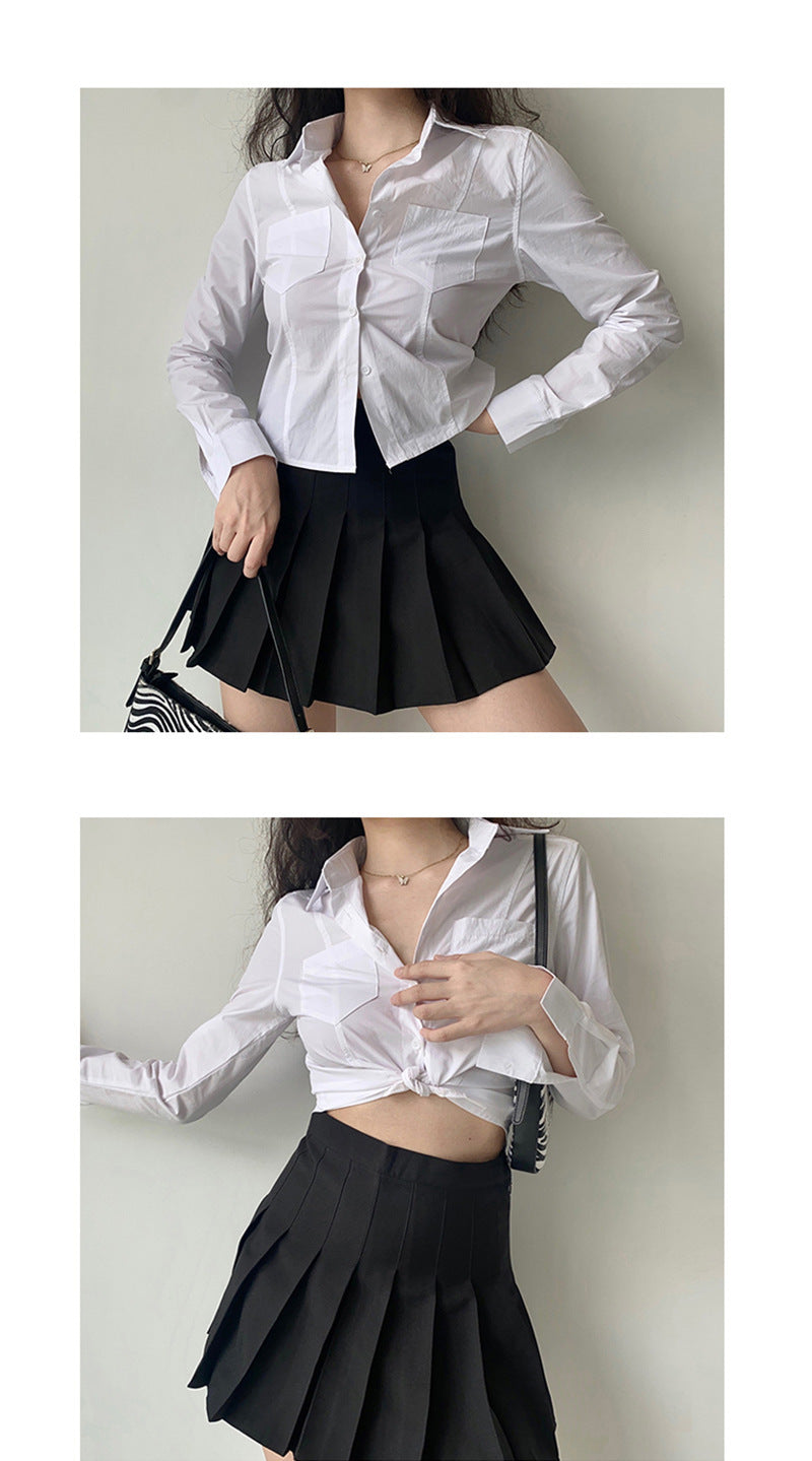 Chemisier Femme Blanc à Revers Manches Longues Printemps-Été Coupe Ajustée Polyester