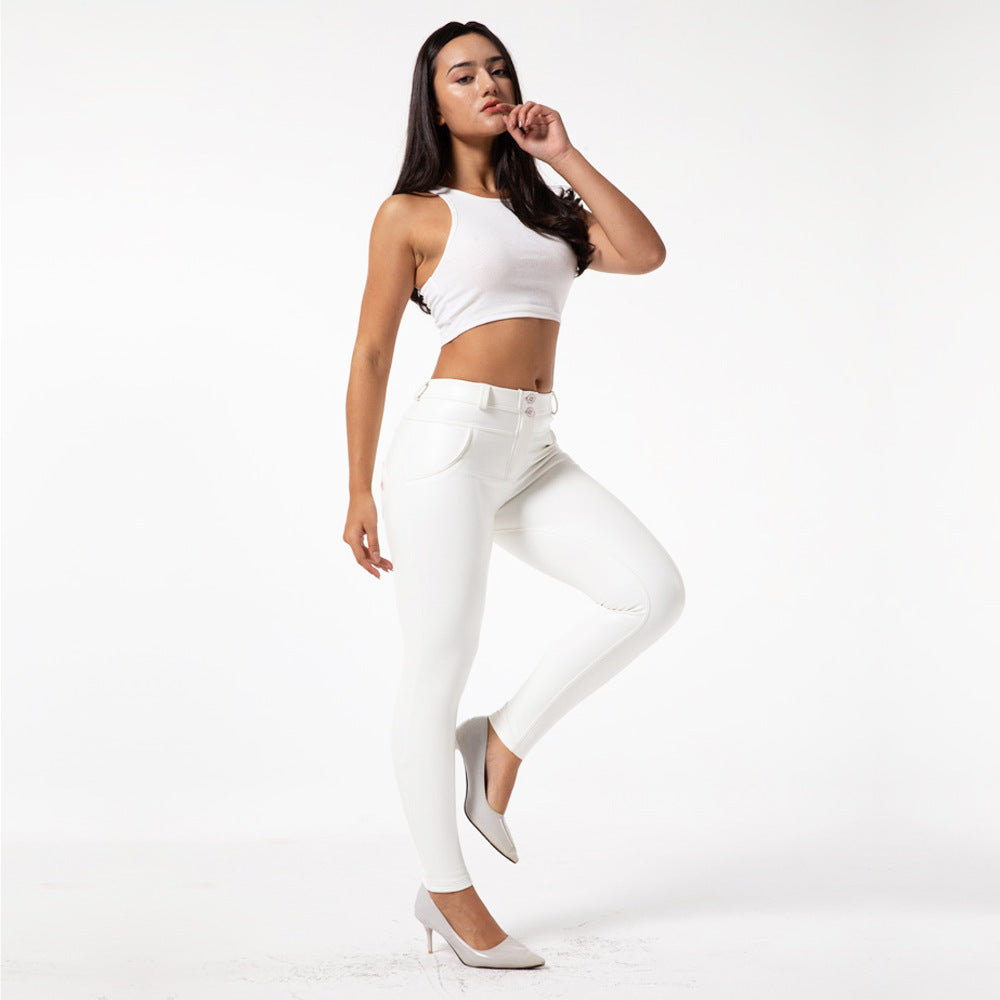 White PU Leather Pencil Pants for Women Fitness