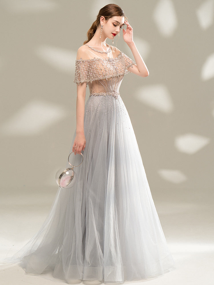 Robe de soirée longue grise pour femme, col U, jupe trapèze