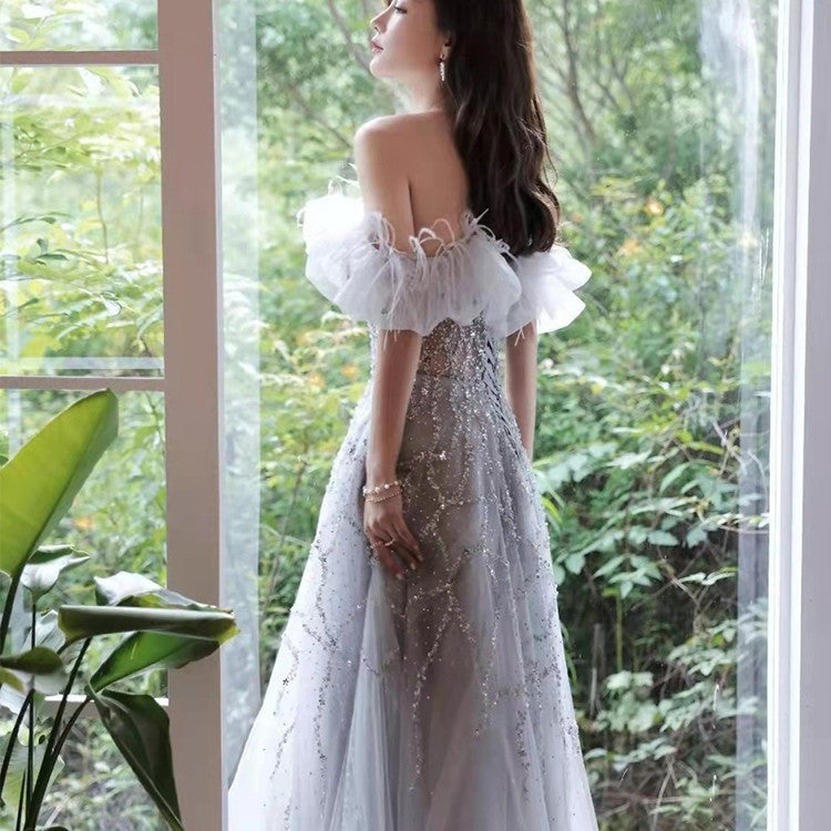 Off-Shoulder Beaded Conference Host Dress in Champagne, Red, or Blue
