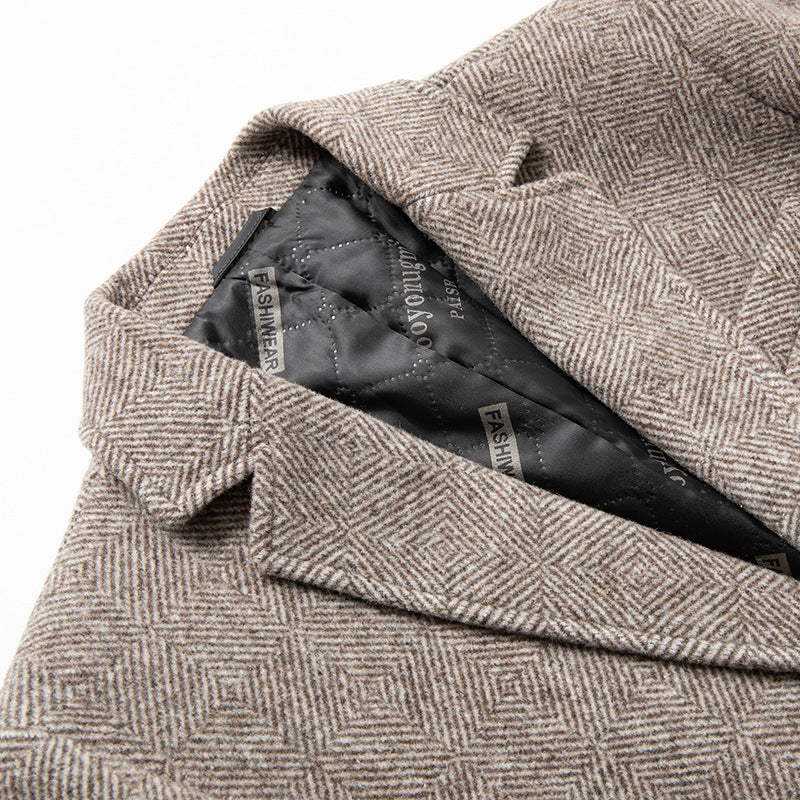 Manteau en laine à carreaux kaki et gris pour homme Veste épaissie à simple boutonnage