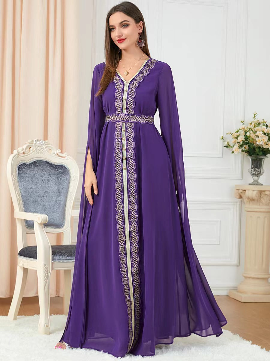 Robe de soirée élégante à col en V ethnique avec épissure en rose, vert et violet