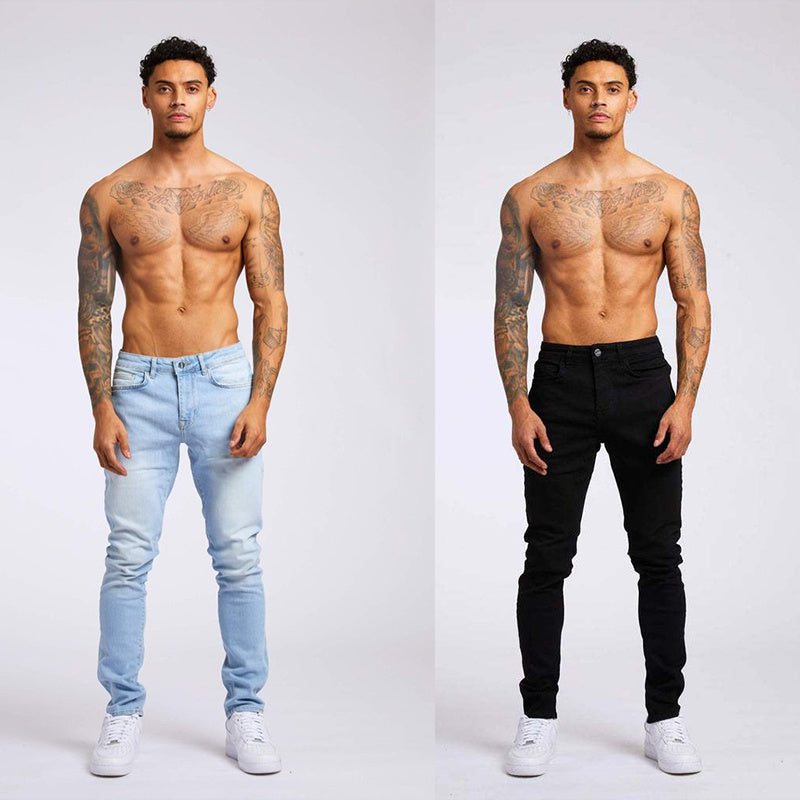 Jeans décontracté taille haute coupe slim pour homme bleu clair et noir