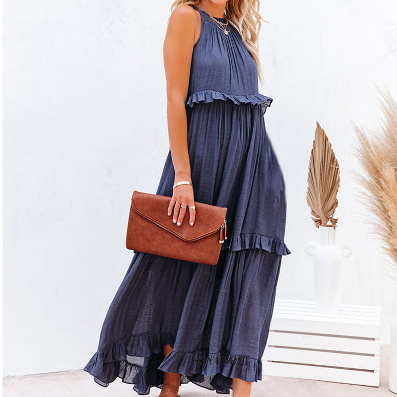 Robe longue d'été à volants, dos nu, col halter, pour femmes