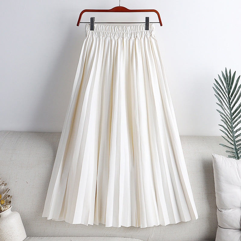 High Waist Mid-Length PU Leather Pleated Skirt for Women Solid Color