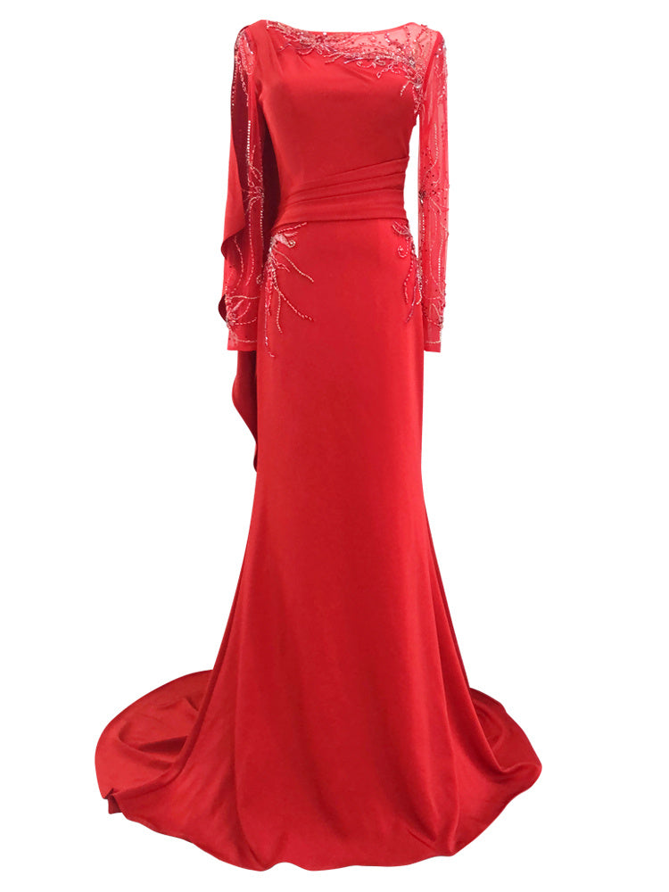 Elegant Slimming Long Sleeve Evening Dress with Zipper in White or Red