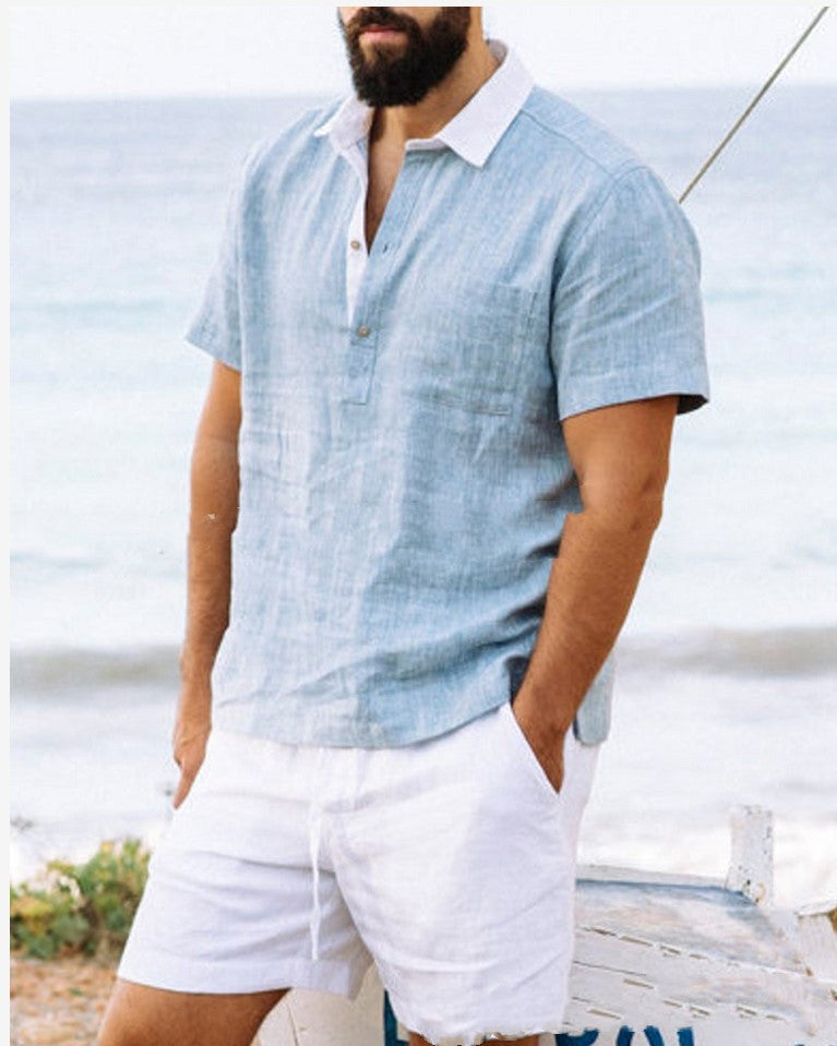 Light Blue Thin Cotton Linen Casual Lapel Shirt