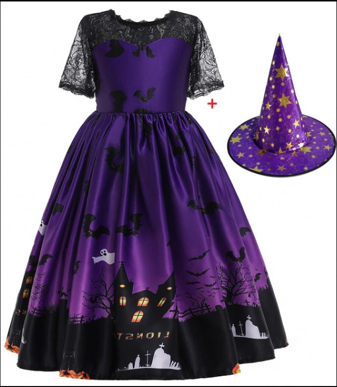 Halloween Princess Dress with Printed Mesh and Hat, Sizes 120-160cm