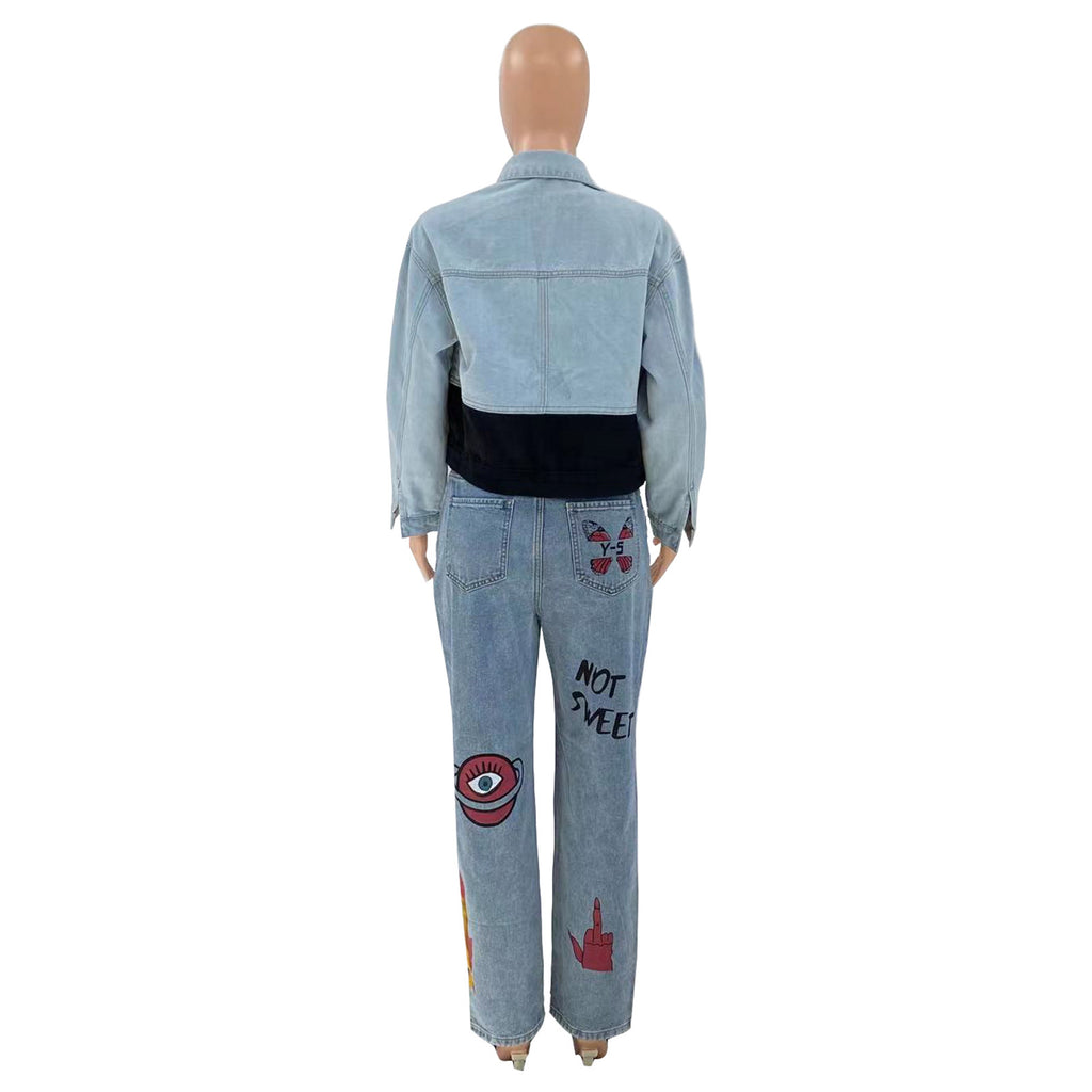 Jean fashion femme taille haute imprimé numérique déchiré bleu
