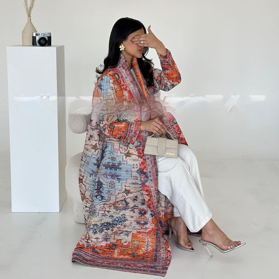 Pleated Trench Djellaba Printed Shawl Cardigan Ethnic Cloak Coat for Middle East Women