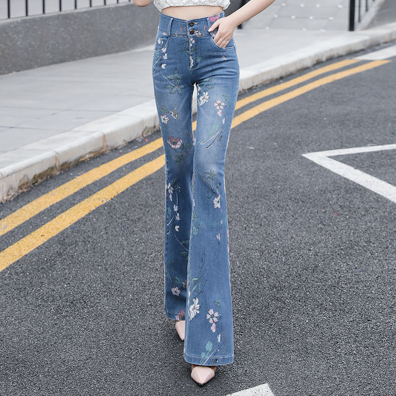 Women's Blue Cotton High-Waist Printed Trousers